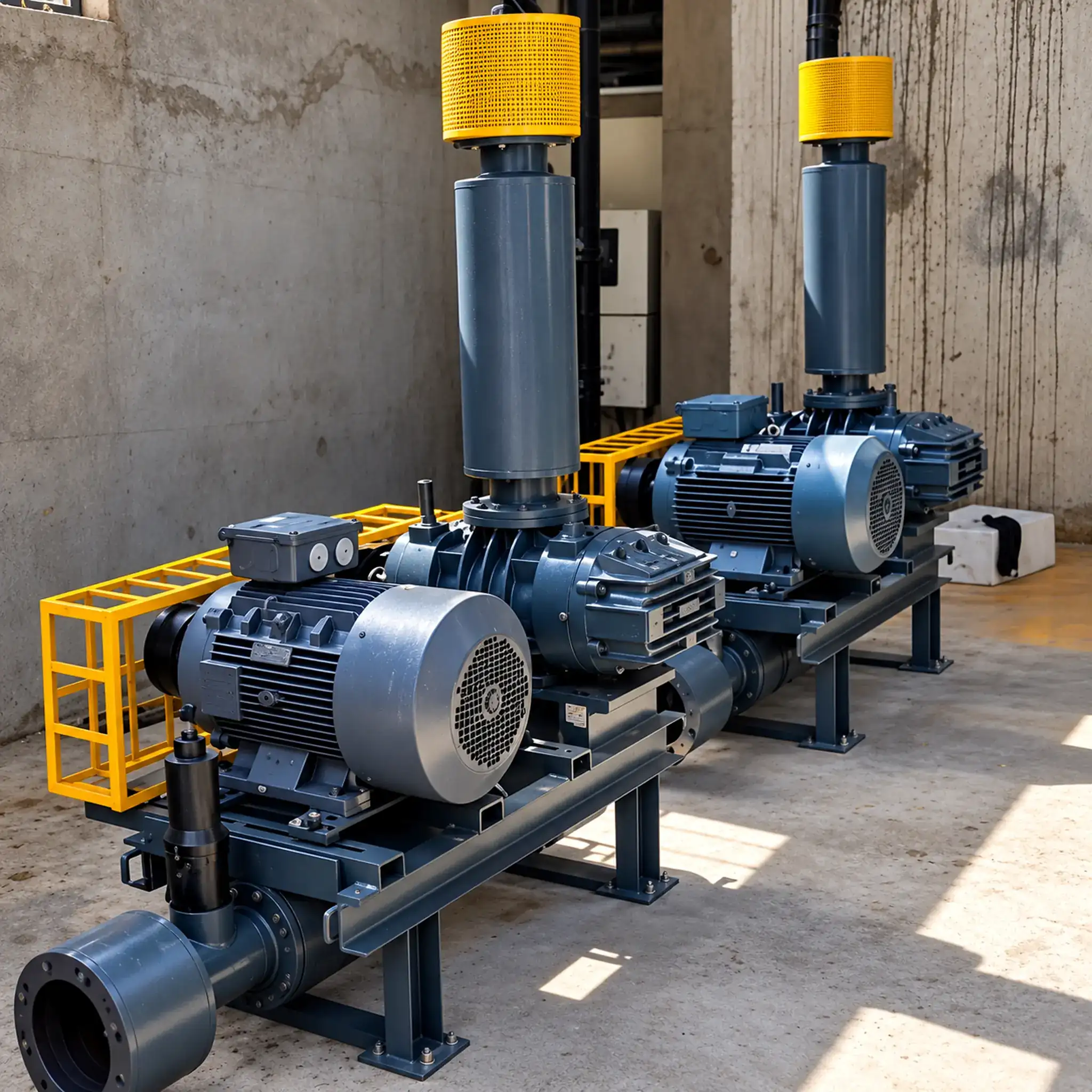 Industrial aeration blowers installed in a plant equipment room