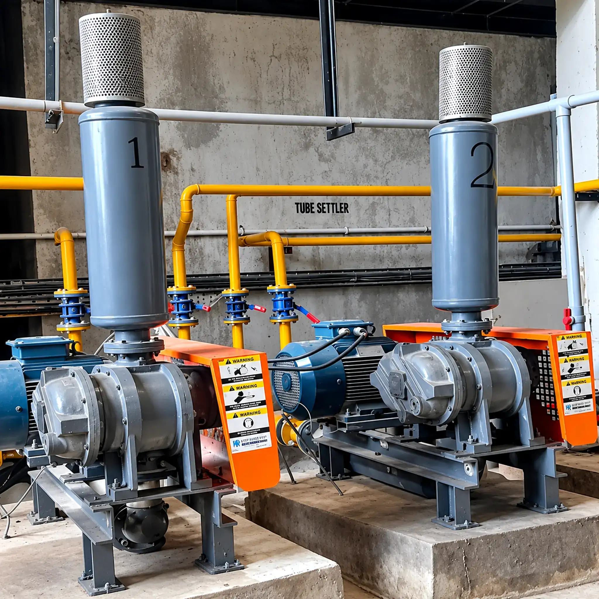 Tube settler and blower equipment within a treatment installation
